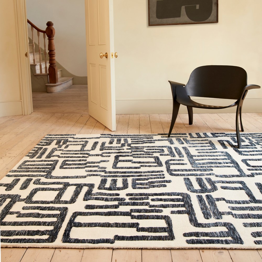 Mason Script Modern Abstract Rugs in Blue & Cream